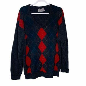 Peter Scott Mens Sweater Gray Red Wool V Neck 100% XL Christmas Vintage Scotland